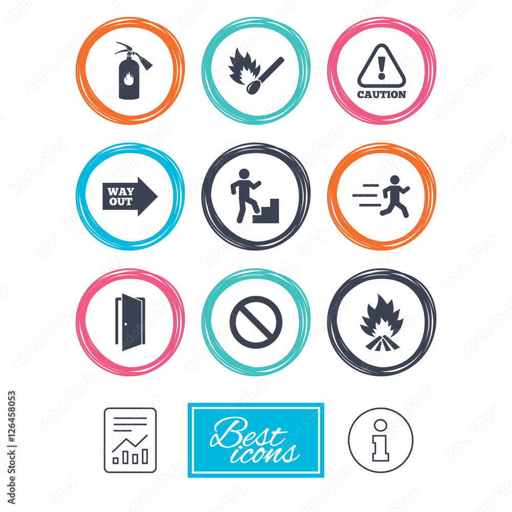 Fire safety, emergency icons. Fire extinguisher, exit and attention signs. Caution, water drop and way out symbols. Report document, information icons. Vector Fire safety, emergency icons. Fire extinguisher, exit and attention signs. Caution, water drop and way out symbols. Report document, information icons. Vector