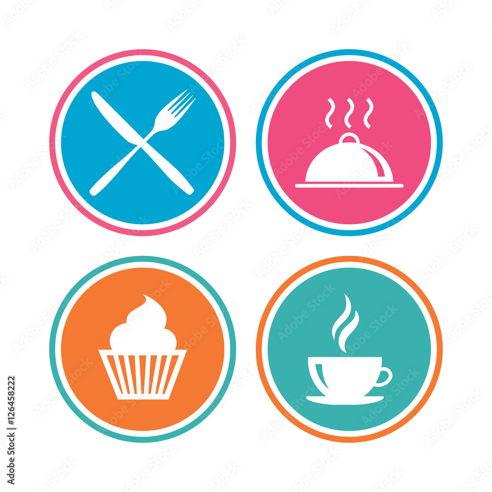 Food and drink icons. Muffin cupcake symbol. Fork and knife sign. Hot coffee cup. Food platter serving. Colored circle buttons. Vector