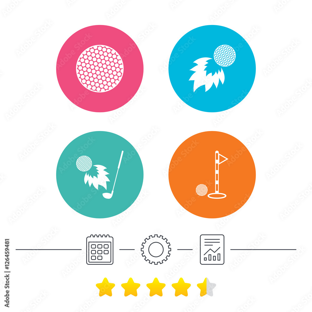 Golf ball icons. Fireball with club sign. Luxury sport symbol. Calendar, cogwheel and report linear icons. Star vote ranking. Vector Golf ball icons. Fireball with club sign. Luxury sport symbol. Calendar, cogwheel and report linear icons. Star vote ranking. Vector