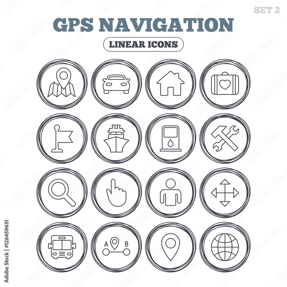 GPS navigation icons. Car, Bus and Ship transport. You are here, map pointer symbols. Search gas or petrol stations, hotels. A to B distance. Circle flat buttons with linear icons. Vector GPS navigation icons. Car, Bus and Ship transport. You are here, map pointer symbols. Search gas or petrol stations, hotels. A to B distance. Circle flat buttons with linear icons. Vector