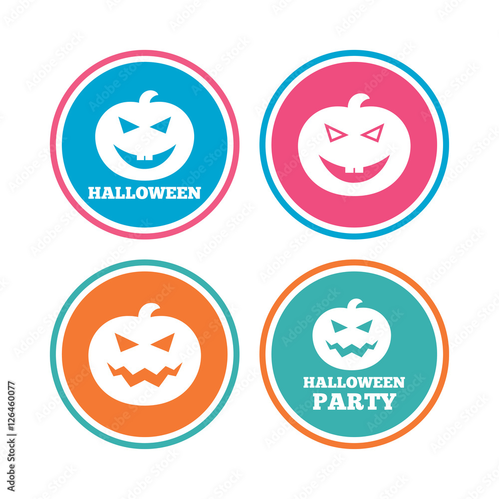 Halloween pumpkin icons. Halloween party sign symbol. All Hallows Day celebration. Colored circle buttons. Vector Halloween pumpkin icons. Halloween party sign symbol. All Hallows Day celebration. Colored circle buttons. Vector