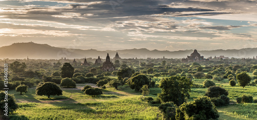 Panoramic view of Bagan plains with pagodas during sunset, Myanmar