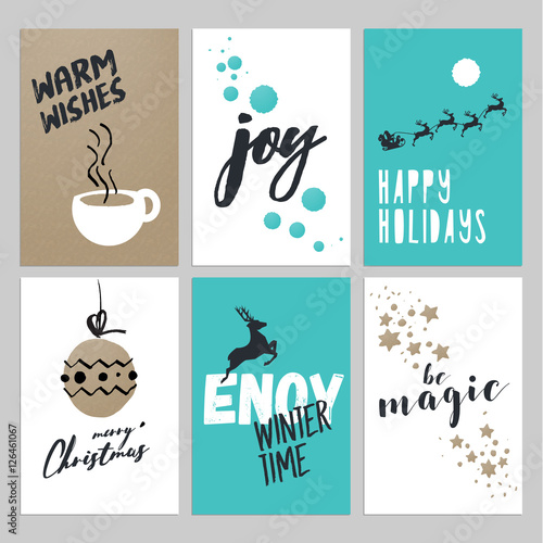 Christmas and New Year flat design greeting cards set. Hand drawn vector illustrations for greeting cards, website and mobile banners, marketing material. 