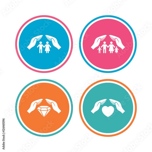 Hands insurance icons. Couple and family life insurance symbols. Heart health sign. Diamond jewelry symbol. Colored circle buttons. Vector