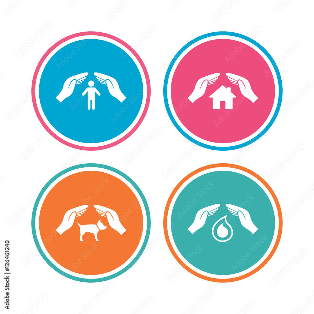 Fototapeta premium Hands insurance icons. Shelter for pets dogs symbol. Save water drop symbol. House property insurance sign. Colored circle buttons. Vector