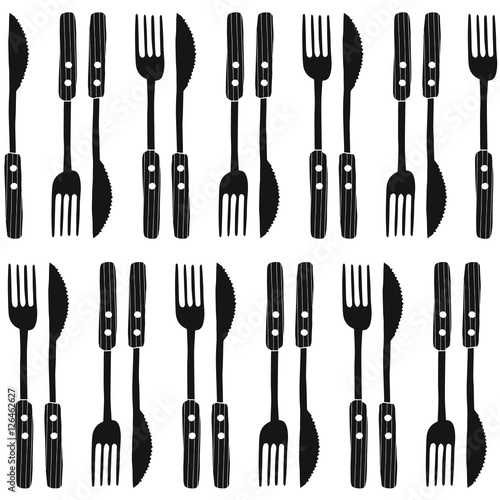 Cutlery pattern. Fork and knife vector background. Hand drawn doodle vector illustration. Black and white sketch cutlery. Isolated objects on white background