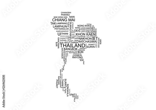 Typography map of Thailand with its provinces in English positioned based on approximate geographical locations