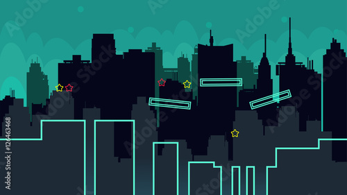 Seamless cartoon night city landscape, vector unending background with road, buildings and sky layers