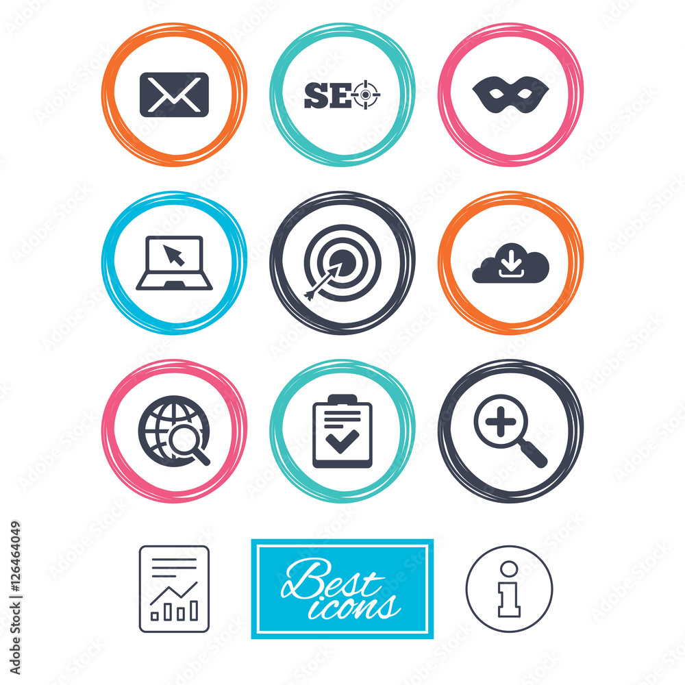Internet, seo icons. Checklist, target and mail signs. Mask, download cloud and magnifier symbols. Report document, information icons. Vector Internet, seo icons. Checklist, target and mail signs. Mask, download cloud and magnifier symbols. Report document, information icons. Vector