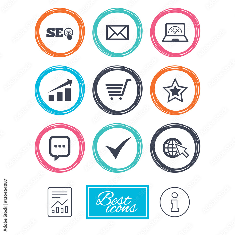 Internet, seo icons. Tick, online shopping and chart signs. Bandwidth, mobile device and chat symbols. Report document, information icons. Vector