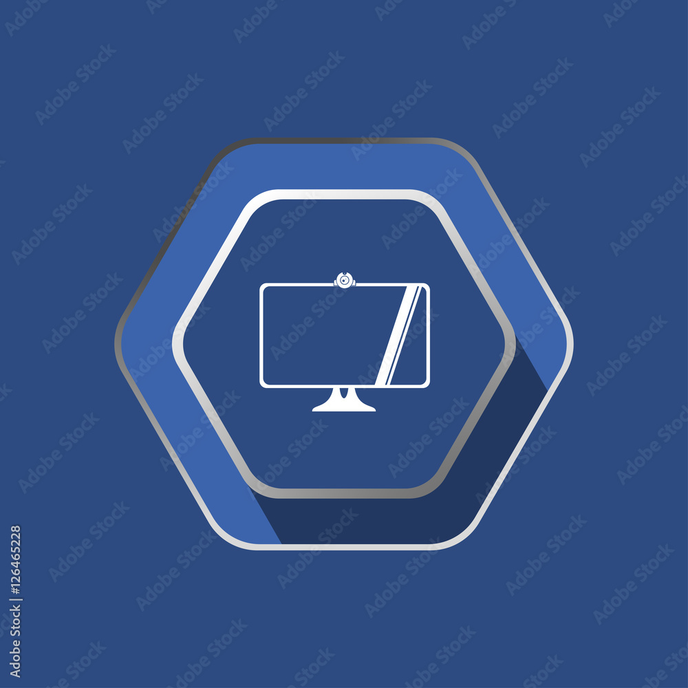 Vector flat icon of white computer monitor silhouette with webcam on the hexagon dark blue background. Vector flat icon of white computer monitor silhouette with webcam on the hexagon dark blue background.