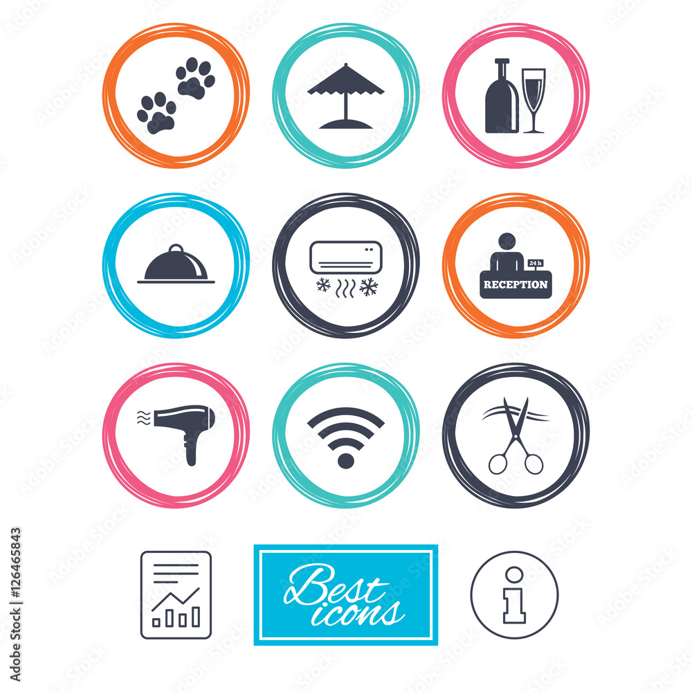 Hotel, apartment services icons. Wifi internet sign. Pets allowed, alcohol and air conditioning symbols. Report document, information icons. Vector