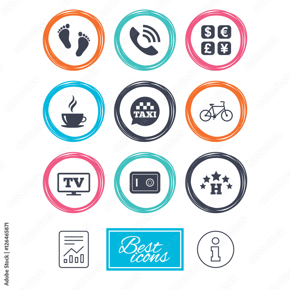 Hotel, apartment services icons. Coffee sign. Phone call, kid-friendly and safe strongbox symbols. Report document, information icons. Vector Hotel, apartment services icons. Coffee sign. Phone call, kid-friendly and safe strongbox symbols. Report document, information icons. Vector