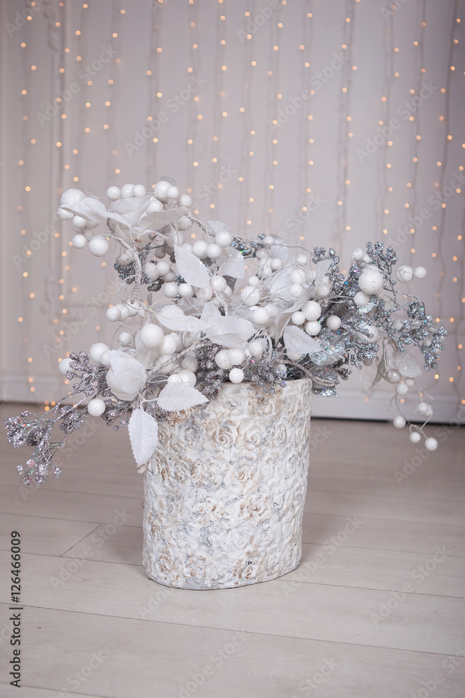 Christmas decorations white and silver with gifts