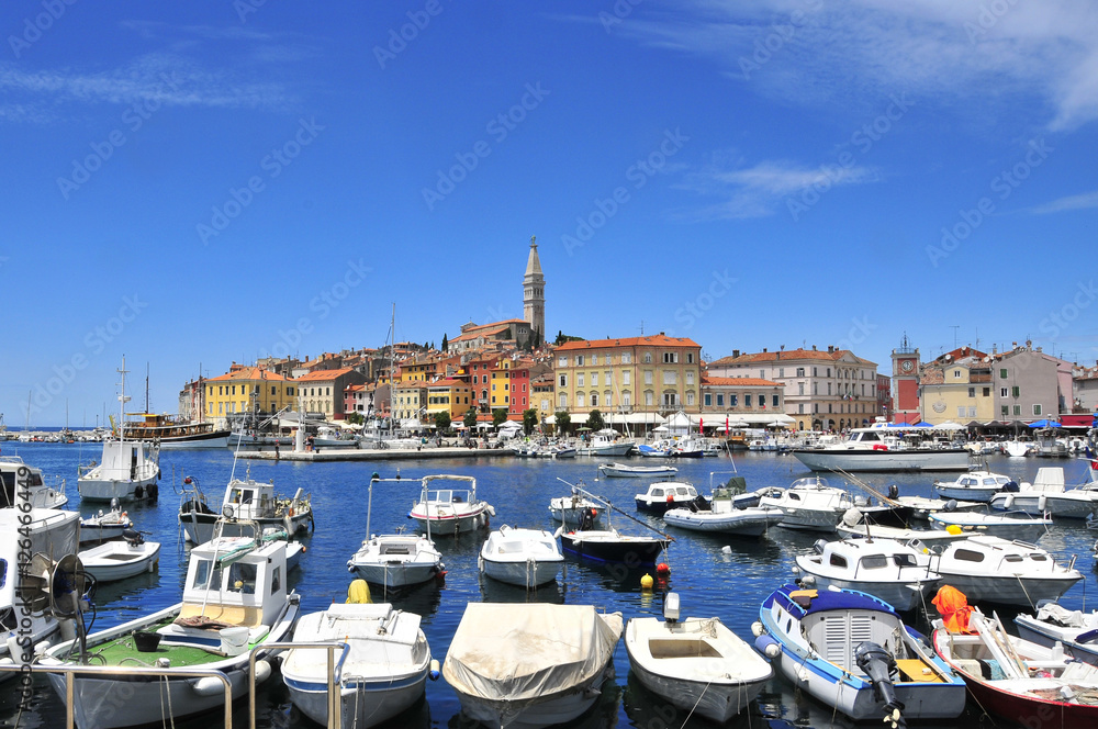 Beautiful sunny day with fishing boats in the harbor,Rovinj,Istr