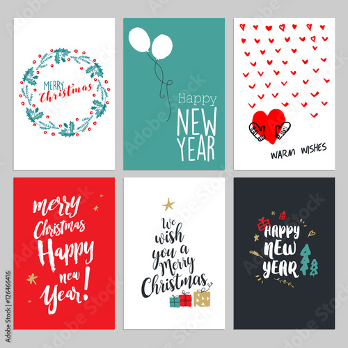 Christmas and New Year vintage greeting cards set. Hand drawn vector illustrations for greeting cards, website and mobile banners, marketing material. 