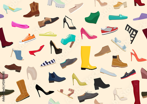 Light women / woman shoes pattern. Set with different types of women's / woman's shoes flat