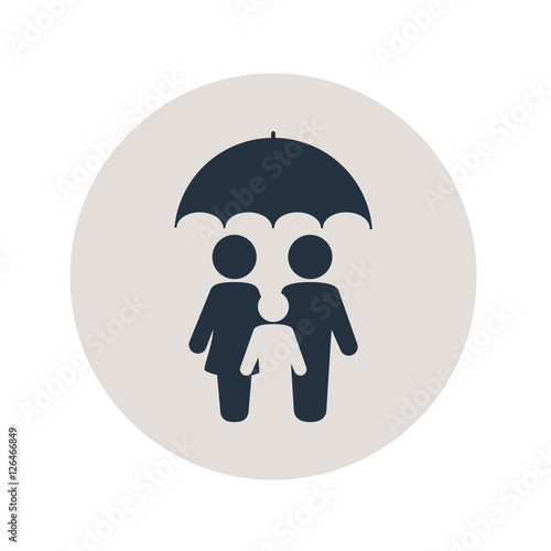 Icono plano familia con paraguas en circulo gris