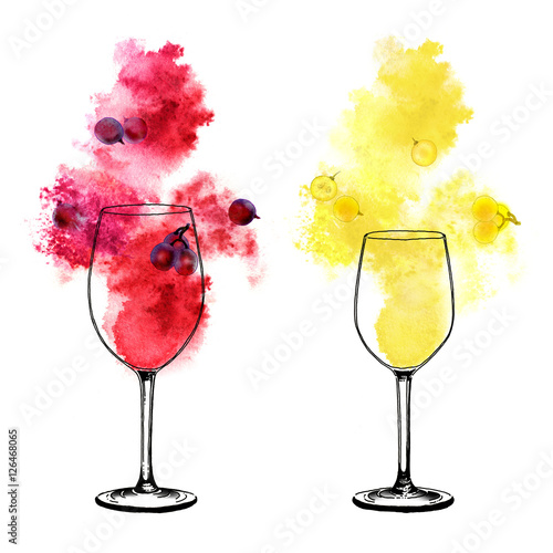 White and red wine splashes and winy glasses on white background. Hand-painted watercolor illustration photo