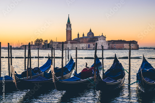 Venice gondolas and San Giorgio basilica in cross processed style