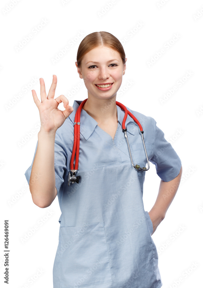 Happy young woman in blue surgical coat with red stethoscope and Happy young woman in blue surgical coat with red stethoscope and