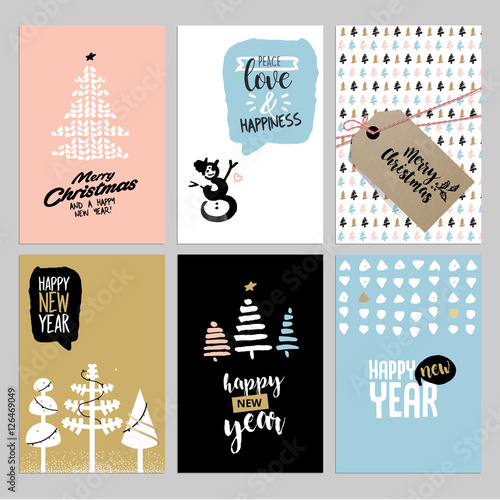 Christmas and New Year vintage greeting cards set. Hand drawn vector illustrations for greeting cards, website and mobile banners, marketing material. 