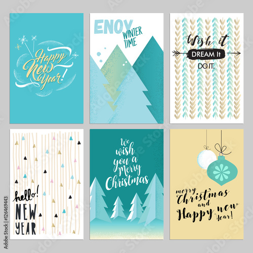 Christmas and New Year vintage greeting cards set. Hand drawn vector illustrations for greeting cards, website and mobile banners, marketing material. 