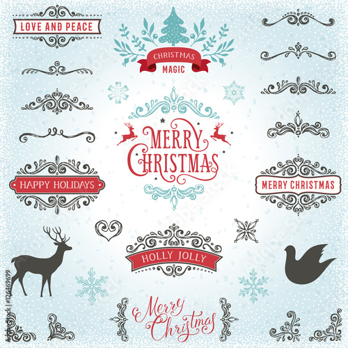 Hand drawn swirls. Merry Christmas and Happy Holidays typography design with deer, dove, snowflakes and New Year Tree.