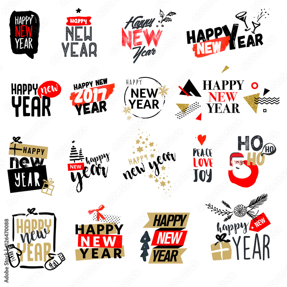 Set of Christmas and New Year flat design badges and stickers. Hand drawn vector illustrations for greeting cards, website design, gift tags and marketing material. 