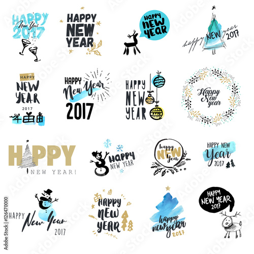 Set of Christmas and New Year flat design badges and labels. Hand drawn vector illustrations for greeting cards, website design, gift tags and marketing material. 
