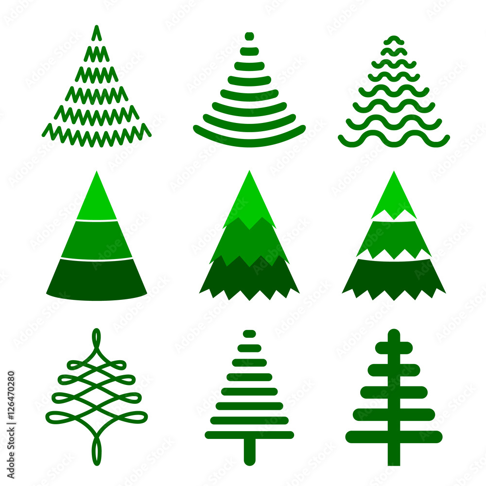 Christmas tree set. Flat style vector illustration, isolated on white background.