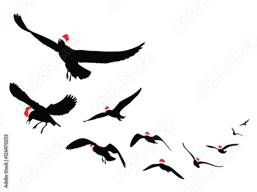 seagulls silhouette wearing Santa hats. Vector Illustration isolated on white background.