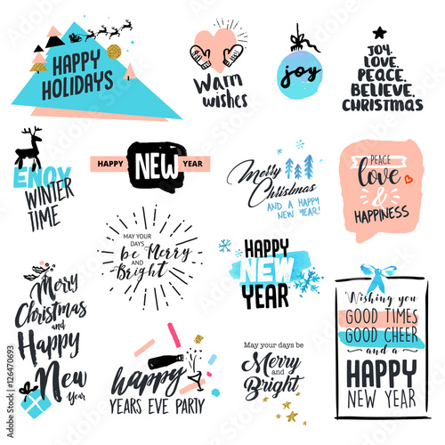 Set of Christmas and New Year vintage style badges and labels. Hand drawn watercolor vector illustrations for greeting cards, website design, gift tags and marketing material. 