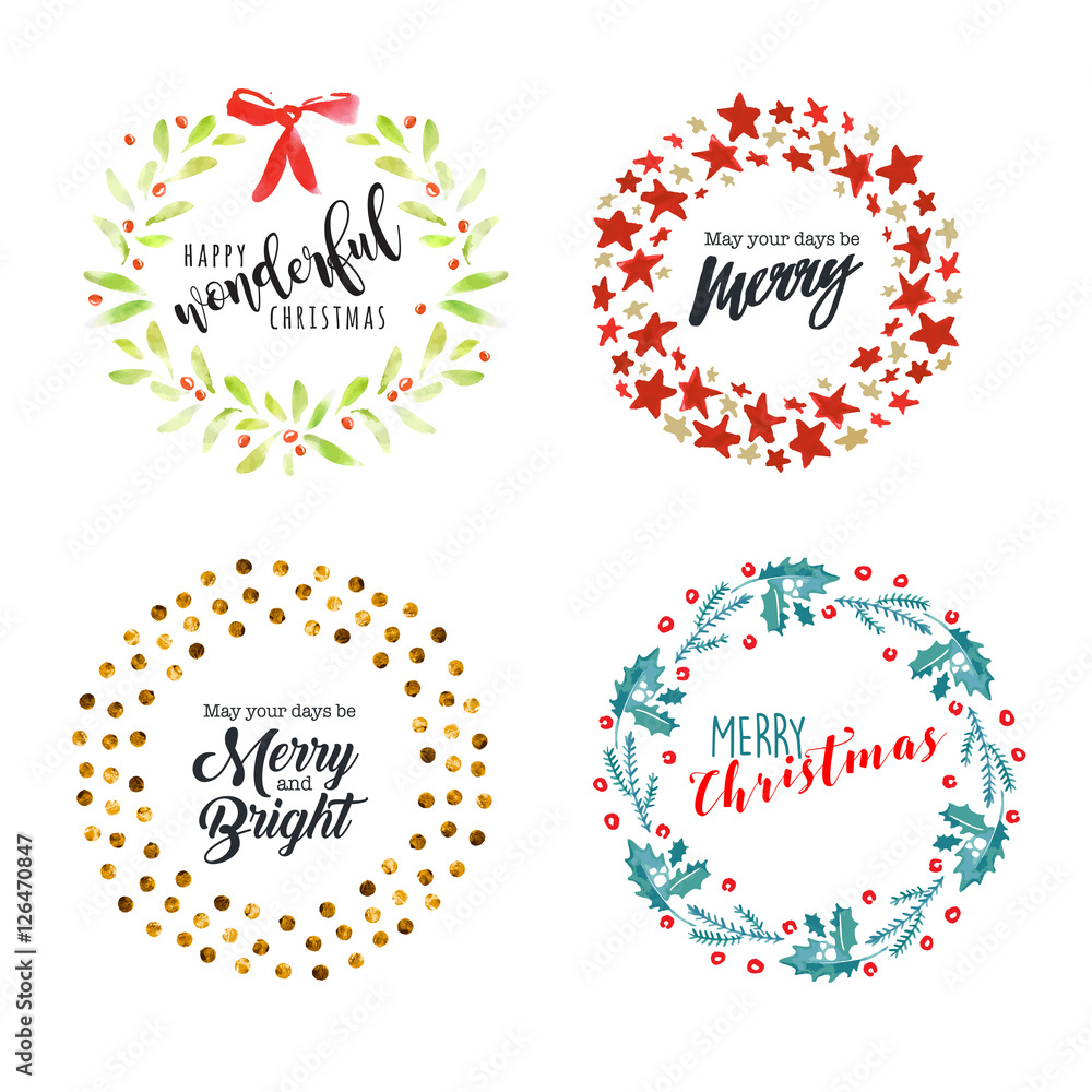 Christmas and New Year flat design badges and elements. Hand drawn vector illustrations for greeting cards, website badges and banners, gift tags and marketing material. 