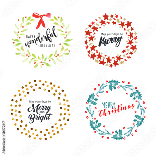 Christmas and New Year flat design badges and elements. Hand drawn vector illustrations for greeting cards, website badges and banners, gift tags and marketing material. 