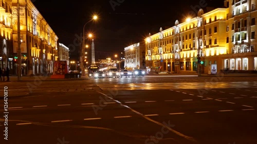 Timelaps of night city traffic, main street, Minsk 2016