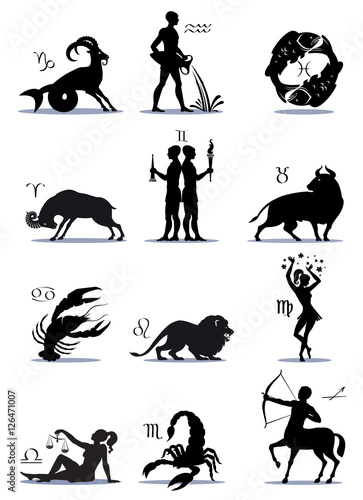 Signs Greek Zodiac Horoscope, Illustration, Silhouettes, Symbols. Icons, Vector, Isolated on background.