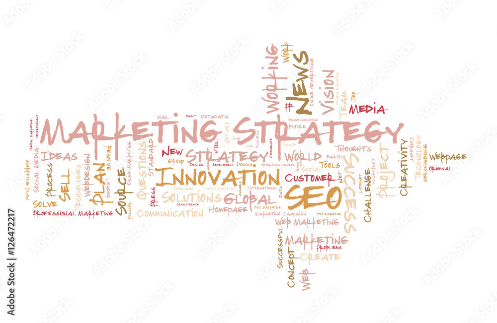 Marketing Strategy word cloud shaped as a arrow