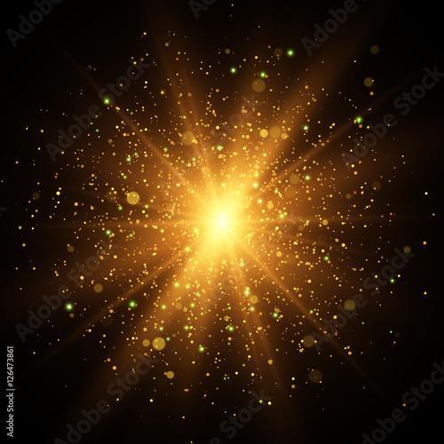 Light effect. Star burst with sparkles. Gold glitter texture