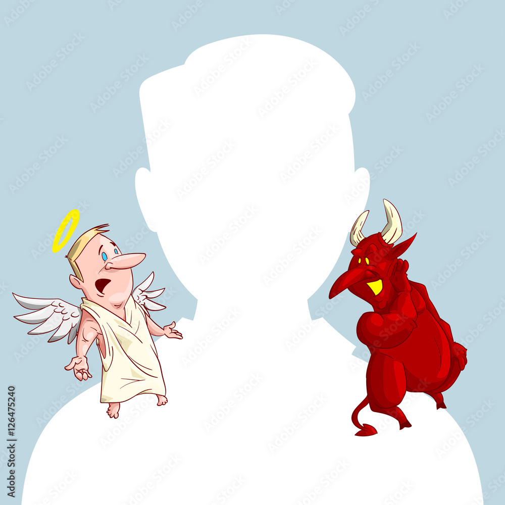 Blank male avatar or profile picture with devil and angel conscience characters on his shoulder