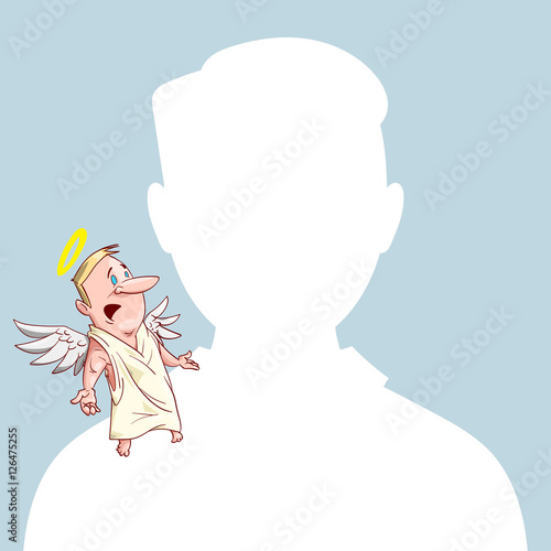 Blank male avatar or profile picture with angel conscience character on his shoulder advising him.
