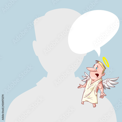 Blank male avatar or profile picture with angel conscience character on his shoulder advising him.