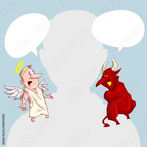 Blank male avatar or profile picture with devil and angel conscience characters on his shoulder advising him.