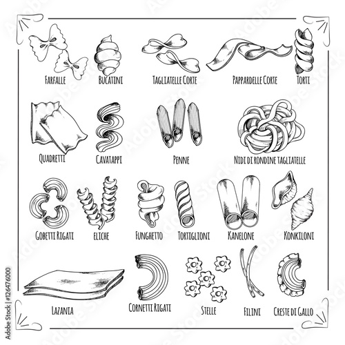 Pasta, spaghetti, macaroni isolated sketch icons