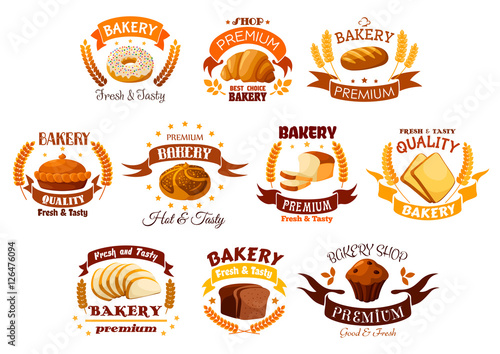 Bakery shop signs sets of bread, pastry desserts