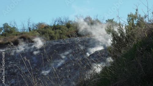 Steam from geothermal source comes out from the ground
