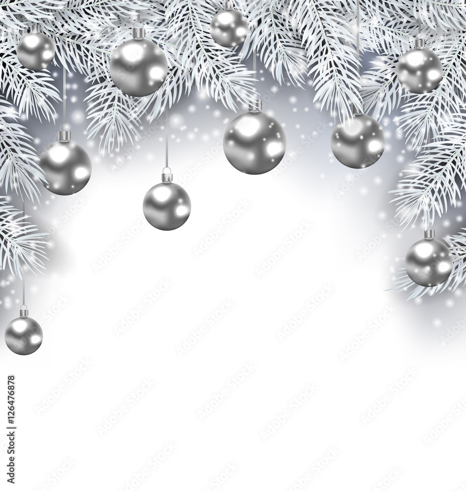New Year Snowing Background with Silver Christmas Balls New Year Snowing Background with Silver Christmas Balls
