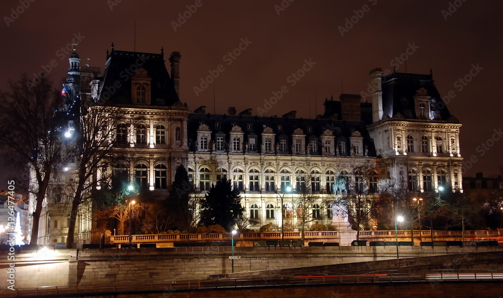 Hotel-de-Ville. City Hall in Paris at night - building housing City of Paris  administration. Building was constructed between 1874 -1882, architects Theodore Ballou and Edouard Deperta. France