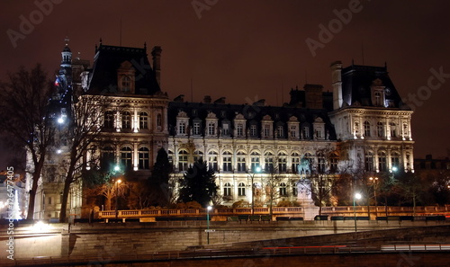 Hotel-de-Ville. City Hall in Paris at night - building housing City of Paris administration. Building was constructed between 1874 -1882, architects Theodore Ballou and Edouard Deperta. France
