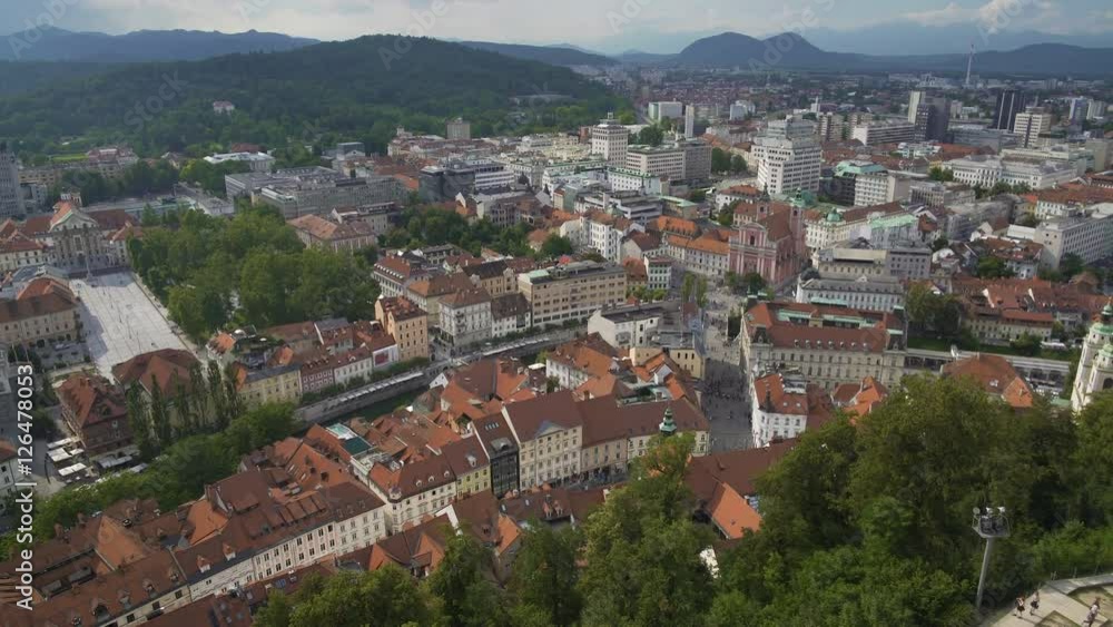 Slovenian capital city downtown, view from medieval Ljubljana Castle tower
